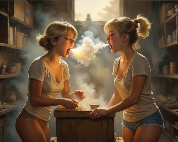 Young women in a sunlit room with glowing mouths