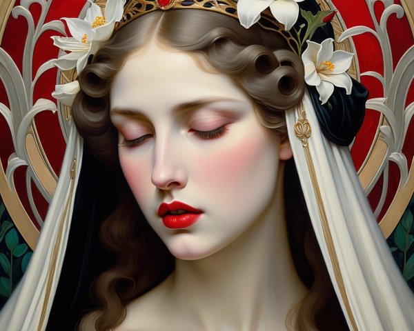 Regal Young Woman with Crown and Floral Adornments