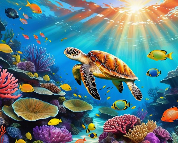 Underwater Scene with Sea Turtle and Coral Reef