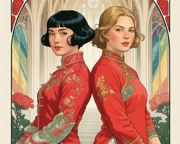 Elegant Red Attire and Rainbow Architecture Display