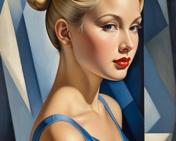 Sophisticated Woman in Blue Outfit with Geometric Background