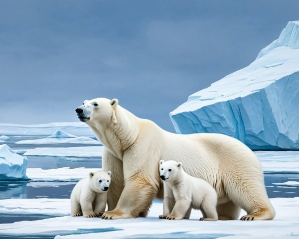 Polar Bear and Cubs in Arctic Ice Landscape