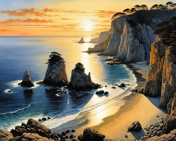 Coastal Sunset with Cliffs and Tranquil Ocean Scene