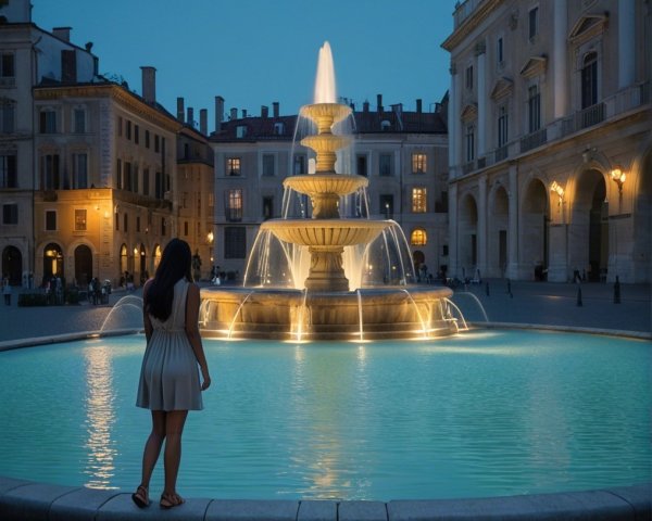 Serene Evening Scene with Illuminated Fountain and Buildings