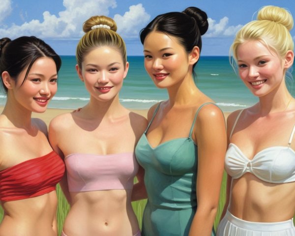 Young women in diverse beach outfits enjoying sunshine