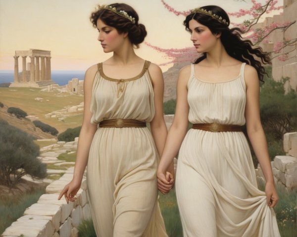 Women in Greek gowns walking through cherry blossoms