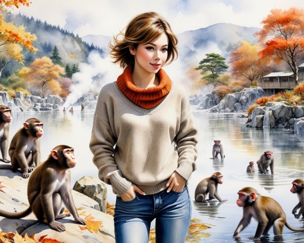Autumn Scene with Woman, Monkeys, and Lake Foliage