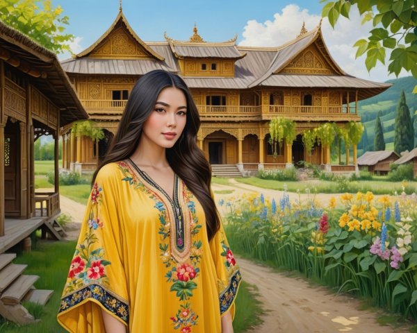 Woman in Yellow Dress in a Lush Garden Setting