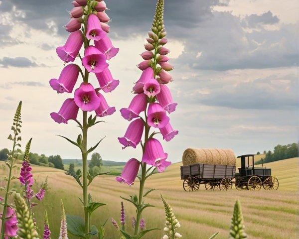 Vibrant Pink Foxglove Flowers and Vintage Wagon Scene