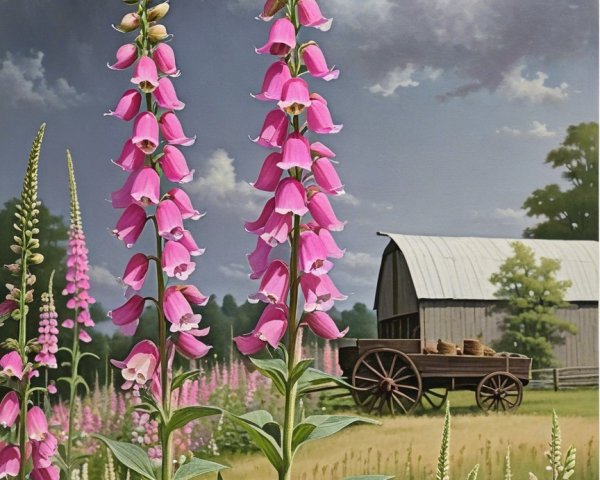 Vibrant Foxglove Flowers in Rustic Landscape Scene