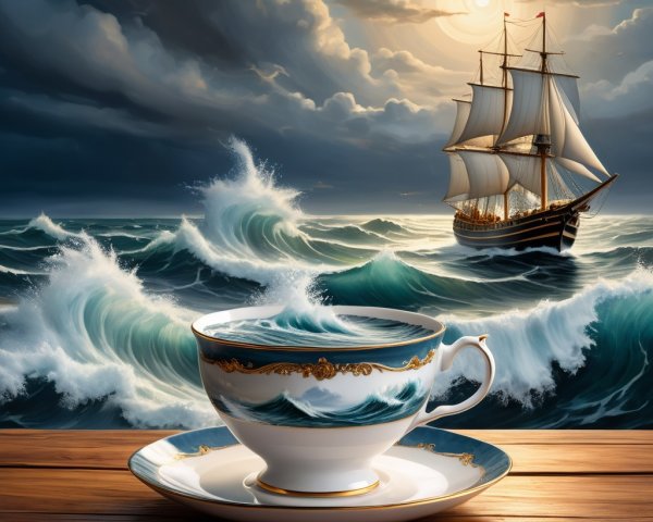 Porcelain Teacup and Saucer with Nautical Scene