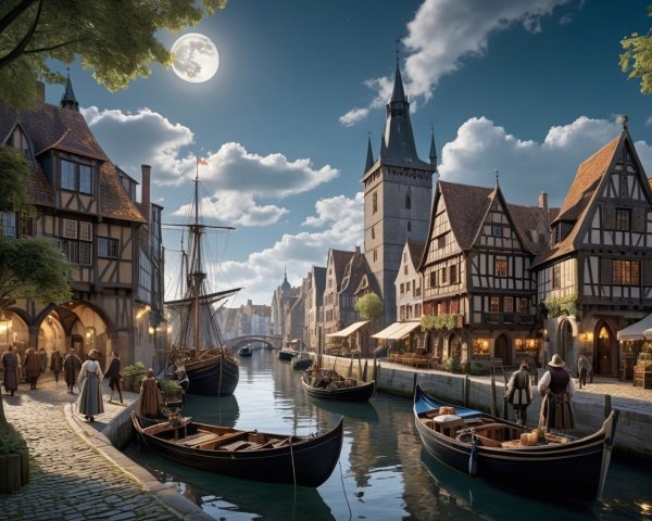 Medieval Town Scene with Timber-Framed Buildings