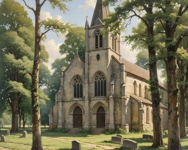 Gothic Stone Church Surrounded by Towering Trees