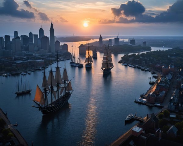 Sunset Over Harbor with Tall Ships and City Skyline