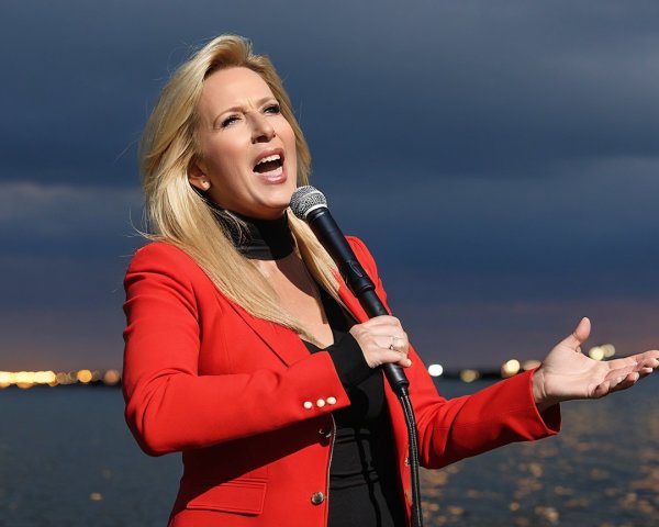 Woman Singing Outdoors in Red Blazer at Sunset