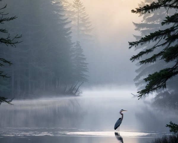 Serene Morning Scene with Heron in Misty Waters