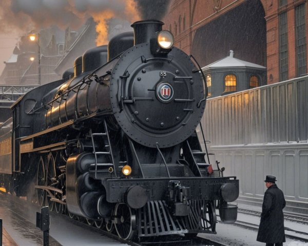 Vintage Steam Locomotive at Snowy Train Station