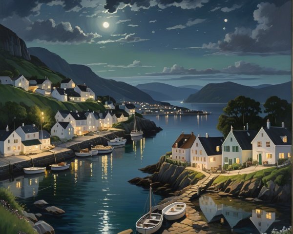 Moonlit Coastal Village with Tranquil Harbor Scene