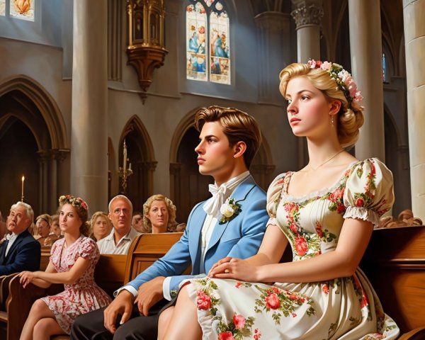 Couple in Grand Church Surrounded by Stained Glass Light