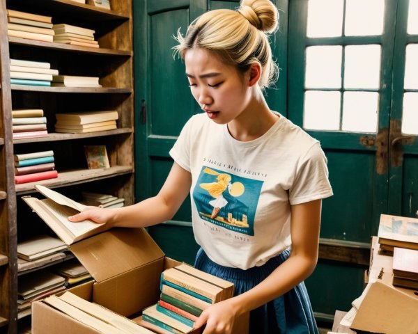 Young woman unpacking books in vintage-style room