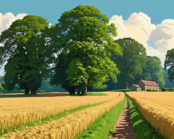 Serene Countryside Landscape with Wheat Field and Cottage