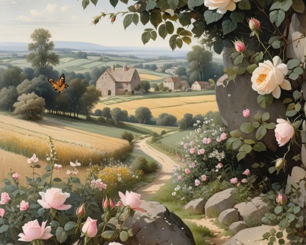 Lush Landscape with Farmhouse and Blooming Roses