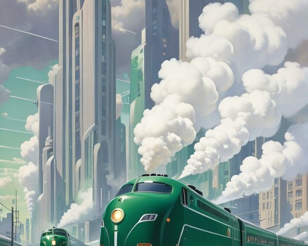 Futuristic Cityscape with Green Trains and Skyscrapers