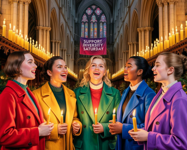 Women in Colorful Coats Singing in Cathedral
