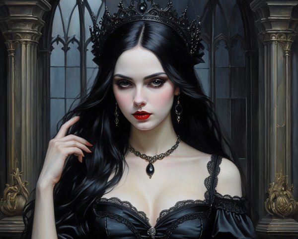Regal figure in black gown with gothic backdrop