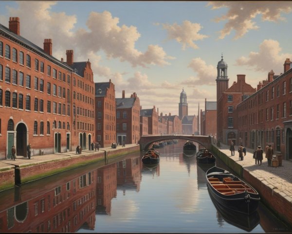Historic Canal Scene with Brick Buildings and Boats