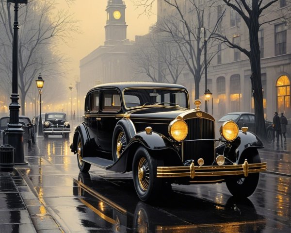 Vintage Black Car on Rain-Soaked City Street