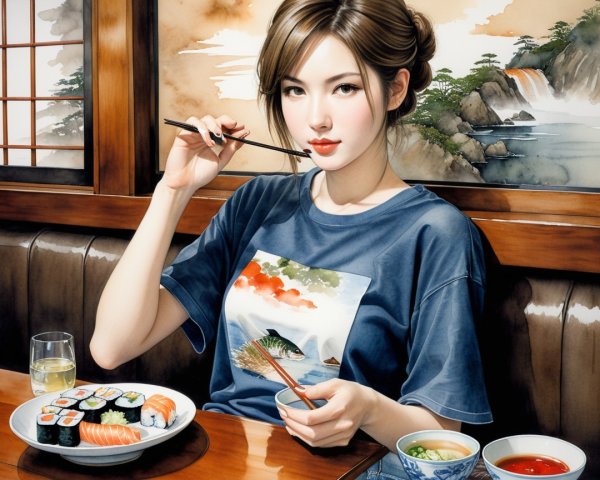 Tranquil Japanese Dining Scene with Sushi and Tea