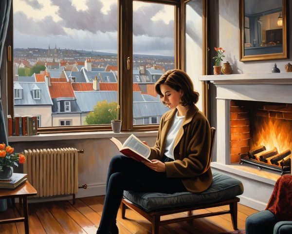 Woman Reading by a Window in Cozy Room Setting