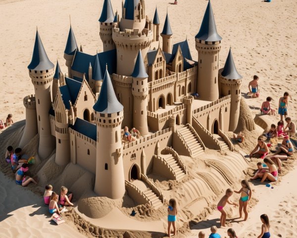 Sandcastle on a Beach with Children Playing Nearby