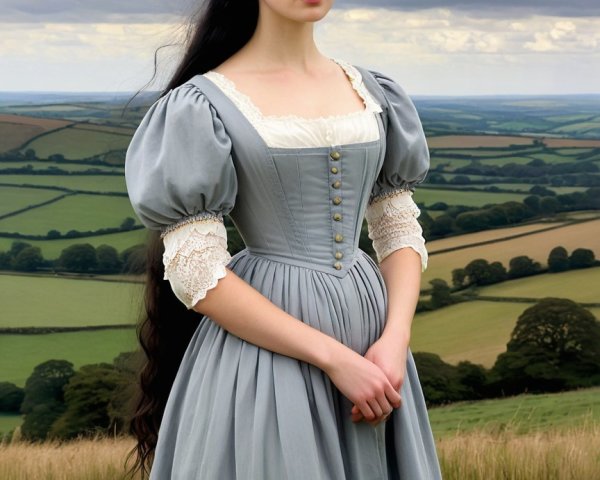 Young Woman in Vintage Blue Gown on Hillside