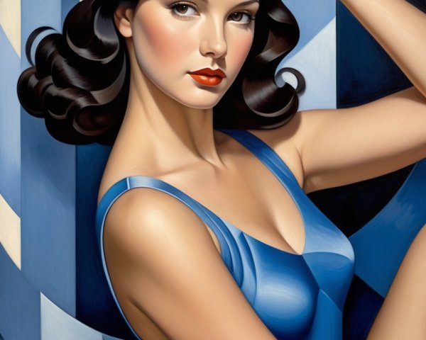Glamorous Woman in Chic Blue Swimsuit with Geometric Shapes