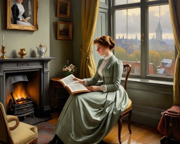 Victorian Woman Reading by Window in Warm Room
