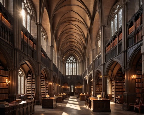 Grand Library with Vaulted Ceilings and Stained Glass