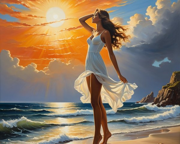 Woman in White Dress at Serene Beach Sunset