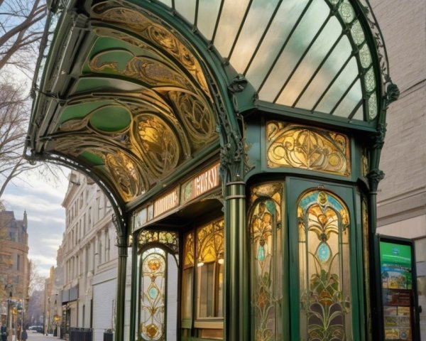 Ornate subway entrance with stained glass and metal design