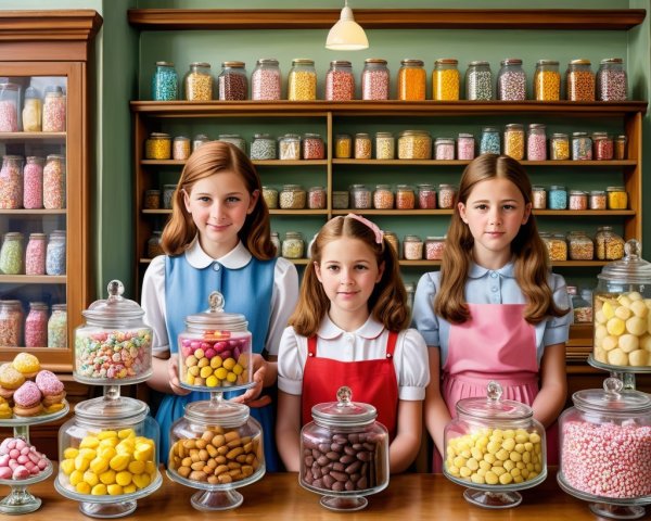Vintage Candy Shop with Girls and Colorful Sweets
