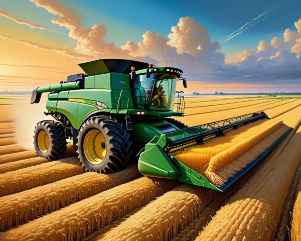 Green Combine Harvester in Golden Wheat Field