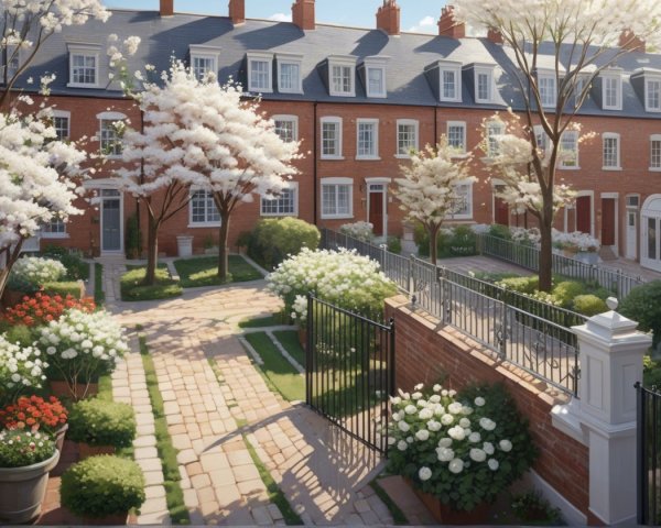 Charming Courtyard with Brick Buildings and Gardens