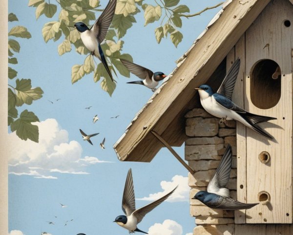 Swallows in Flight Around a Rustic Birdhouse Scene