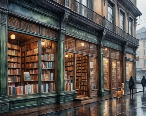 Vintage Bookstore with Rainy Cobblestone Street Scene
