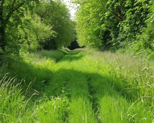 Serene Pathway Surrounded by Lush Greenery and Trees