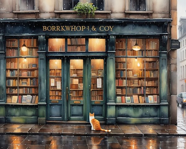 Vintage Bookshop with Colorful Books and Cat Outside