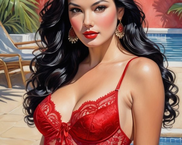 Elegant Woman in Red Swimsuit by Luxurious Pool