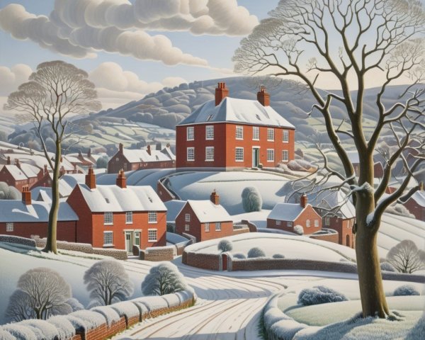 Picturesque Winter Village Scene with Snowy Landscape