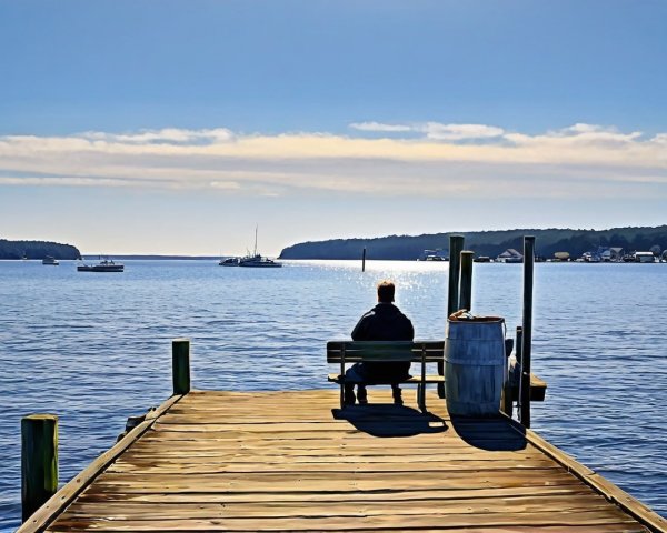 Solitary Figure on Dock Overlooking Calm Waters